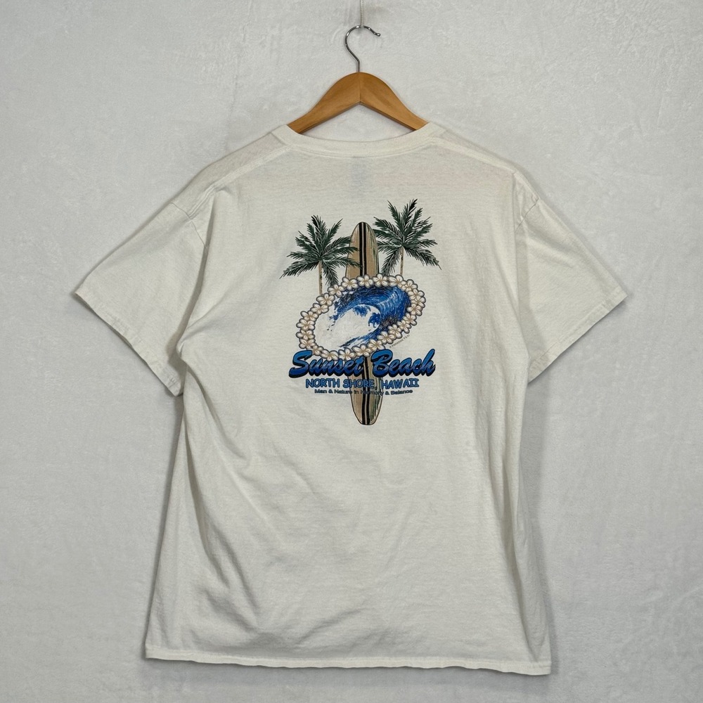 Gildan White Sunset Beach Hawaii Graphic T-Shirt Large